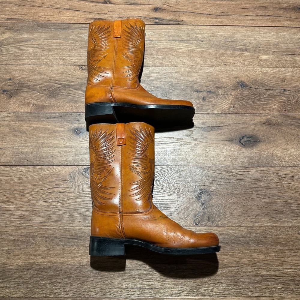 Vintage Tan Eagle Embossed Leather Cowboy Boots Men 10 D 95218 561